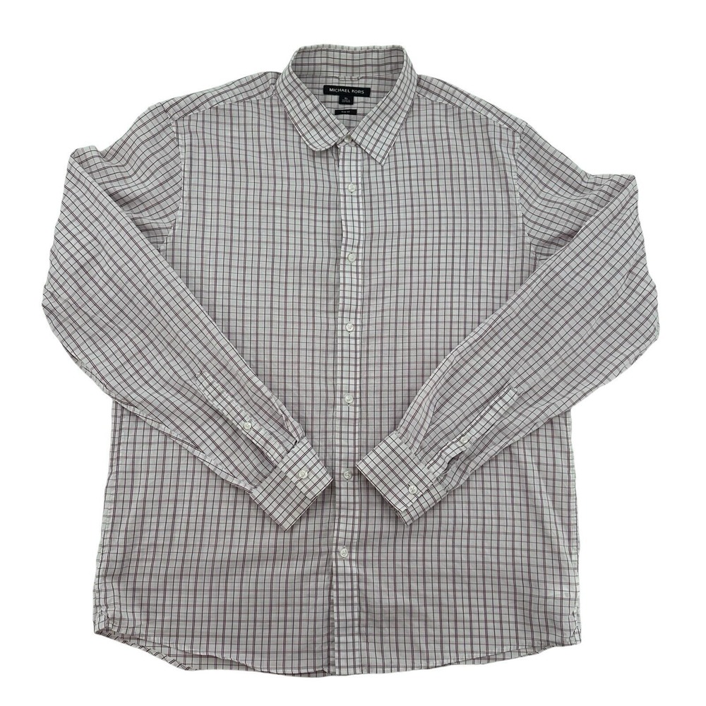 Michael Kors Slim Fit Plaid Long Sleeve Button Down Shirt White Red Mens XL